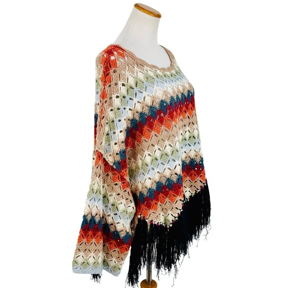 Free People Crochet Fringe Scalloped Hem Knit Poncho Top | Coastal Cowgirl Boho - Picture 6 of 16
